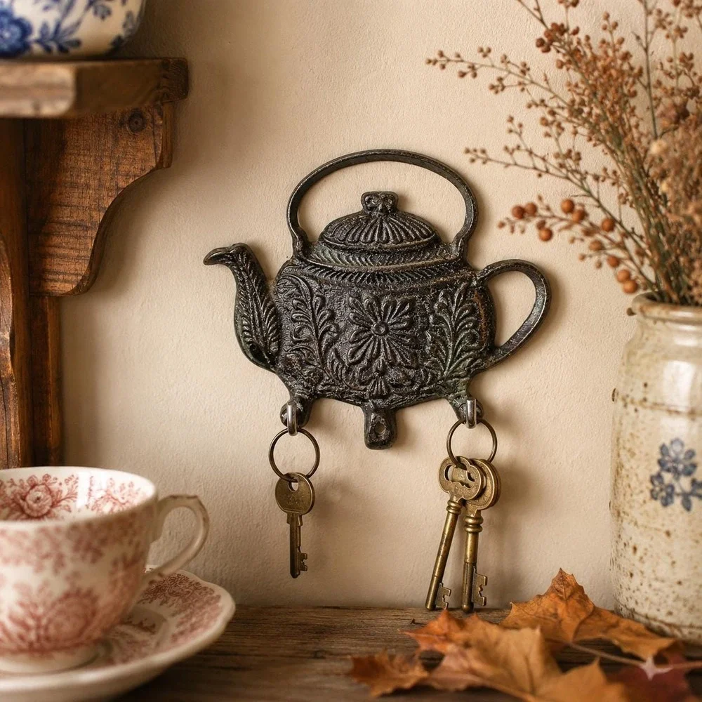 Vintage Teapot Wall Hook Key Holder Cast Metal Kitchen Decor Cottage Farmhouse